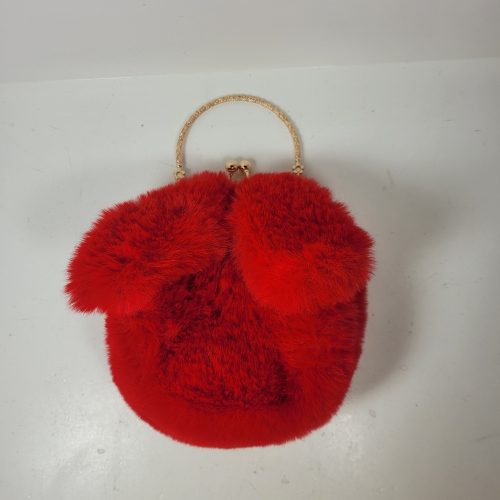 LajwardFurry Rabbit Ear Plush BagRed Faux Fur Handbag Clutch Bag